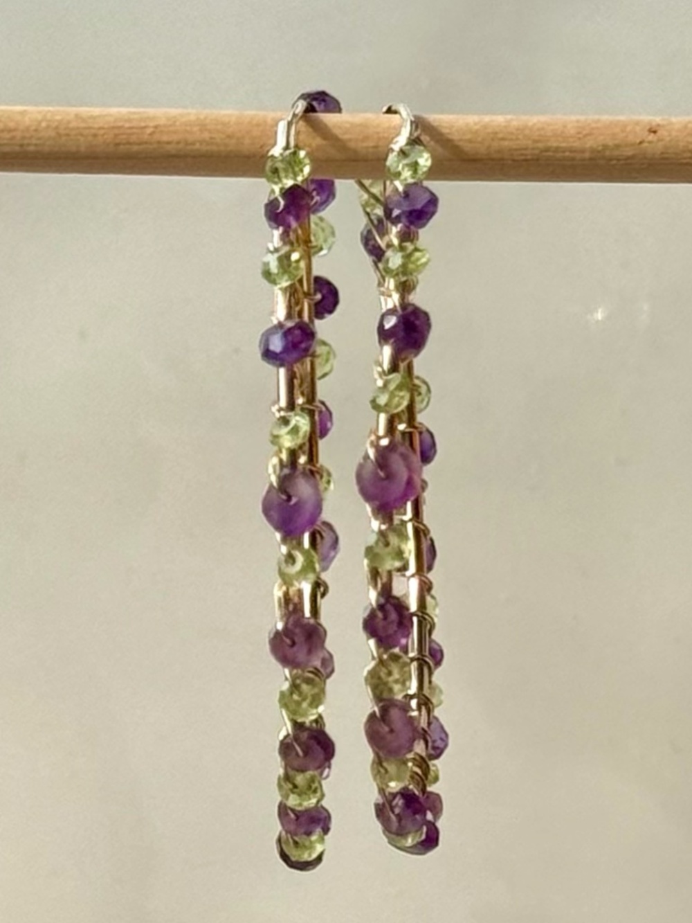 14k Gold Filled Amethyst Peridot Wire Wrapped Hoop Earrings Boho Statement